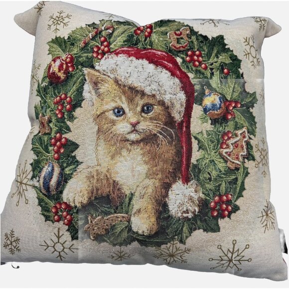 Caldeira Christmas Santa Hat Cat Wreath Snowflake Decorative Pillow Tapestry 19" - Picture 1 of 9